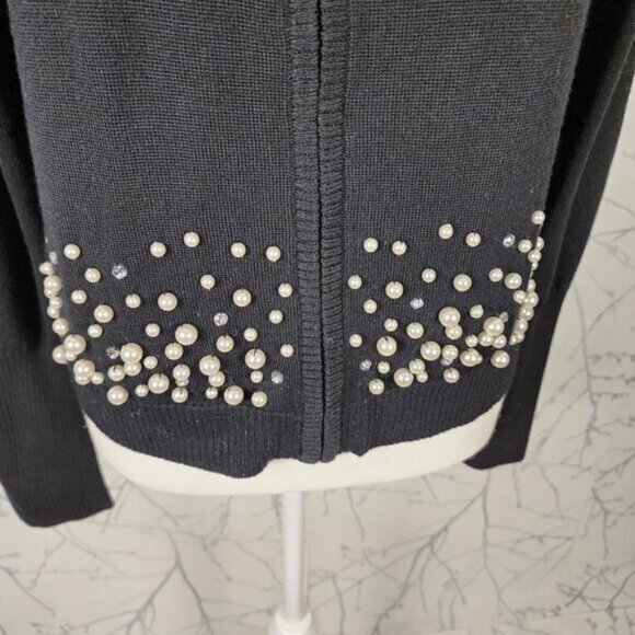Nanette Lepore Black Wool Pearl Embellished Full Zip Cardigan - Picture 3 of 7
